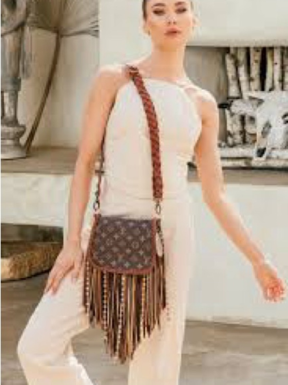 Louis Vuitton-Inspired Brown Fringe Crossbody Bag - Picture 2 of 12